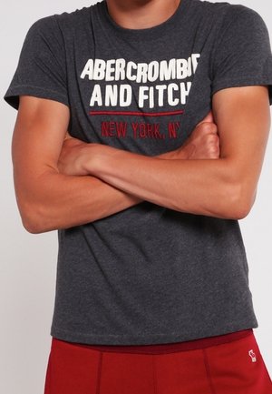 Graues Kurzarm-T-Shirt mit "ABERCROMBIE AND FITCH" und "NEW YORK, NY" in Weiß und Rot bedruckt. Glattes Baumwollgewebe, Rundhalsausschnitt.
