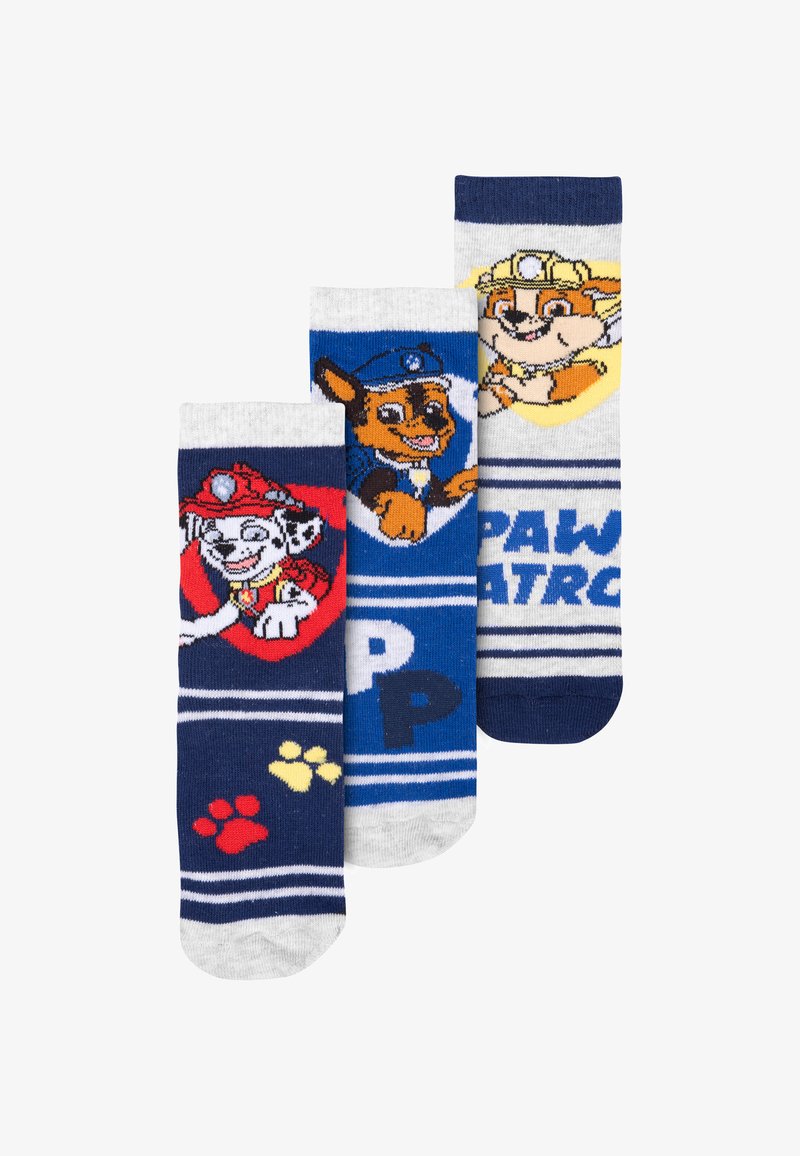 Tre paia di calzini con personaggi di "Paw Patrol". I colori includono blu, grigio, rosso e bianco, con motivi a righe e design stampati.