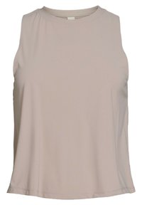 Helles beige ärmelloses Top aus weichem Stoff mit rundem Ausschnitt, geradem Saum und dezentem Seitennähtedetail.
