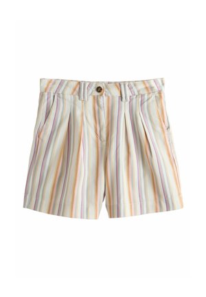 Shorts med høj talje med lodrette striber i pastelorange, lilla og grå, med bæltestropper, forreste plisseringer, sidelommer og knaplukning.