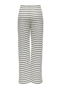 Pantaloni a gamba larga in un tessuto texturizzato con strisce diagonali alternate in bianco e nero e motivi a diamante su tutto il tessuto.