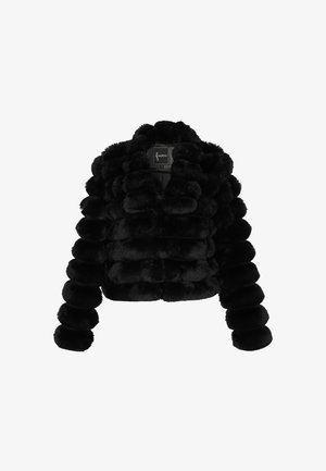 Black faux fur cropped jacket with horizontal fluffy bands and long sleeves, featuring a small collar and a label inside the neckline.