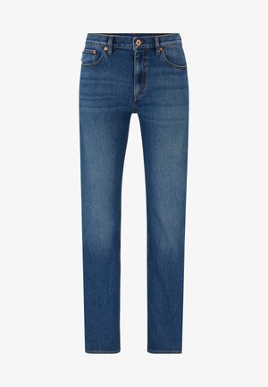 Blue denim jeans with a straight leg design, featuring a button closure, five pockets, and subtle fading on the fabric.