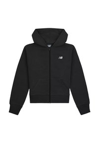 Felpa nera con zip realizzata in cotone, dotata di tasca anteriore, polsini e orlo a coste. Presenta un piccolo logo bianco sul lato sinistro del petto.