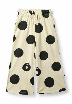 Bež hlače z velikimi črnimi pikami, z elastiko v pasu, vrvico za zategovanje in majhno oranžno grafiko spredaj.