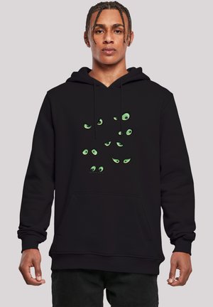 Black hoodie made of soft fabric featuring a design of multiple green eyes on the front. Includes a front pocket and drawstring hood.