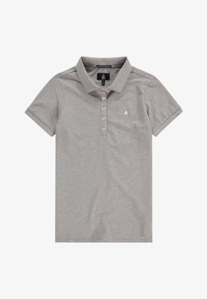 Polo gris en mélange de coton, avec col, patte à quatre boutons, manches courtes et petit logo sur la poitrine.