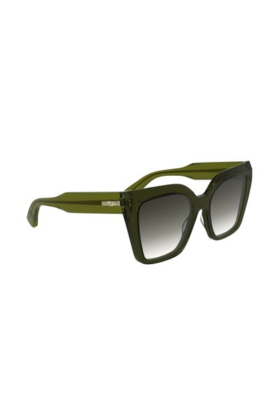 Occhiali da sole quadrati di colore verde scuro con montatura spessa e lenti nere sfumate, inclinati verso destra.