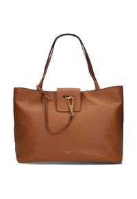 Borsa a tracolla in pelle marrone con una finitura testurizzata, dotata di una chiusura a patta rettangolare e dettagli in hardware dorato. Doppi manici per la spalla.