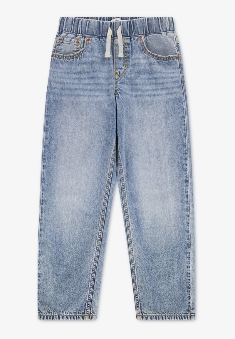 Jean en denim bleu clair avec taille élastique et cordon blanc, avec poches avant et coupe droite décontractée.
