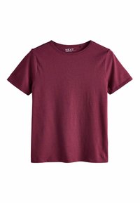 Bordeaux kortærmet t-shirt lavet af blødt bomuld; har en rund halsudskæring og glat tekstur; enkel design uden mønstre eller accenter.
