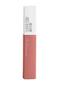 Maybelline Super Stay Matte Ink flüssiger Lippenstift in einem sanften rosa Behälter mit einem weißen Deckel, ausgestattet mit einem matten Finish und einem minimalistischen Design.