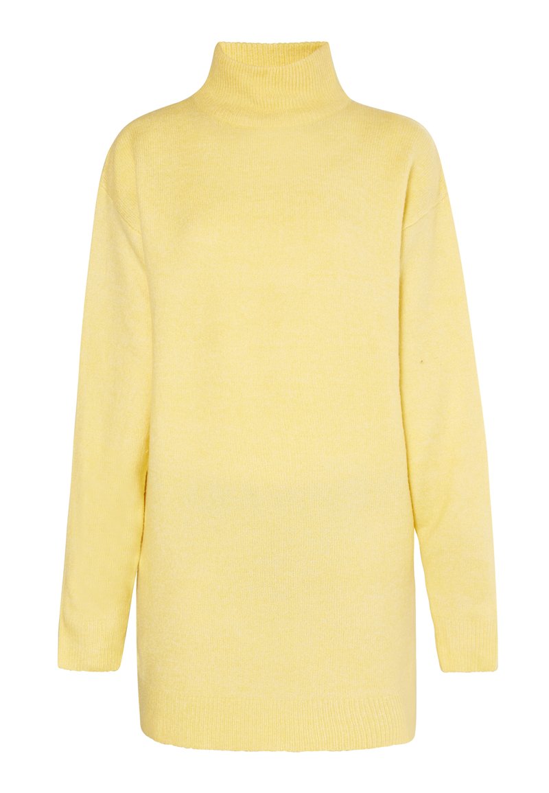 Maglione a collo alto giallo realizzato in materiale morbido, presenta una vestibilità comoda, maniche lunghe e dettagli a coste sul collo e sull'orlo.