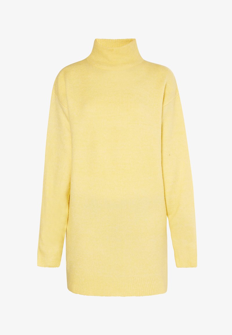 Maglione a collo alto giallo realizzato in materiale morbido, presenta una vestibilità comoda, maniche lunghe e dettagli a coste sul collo e sull'orlo.