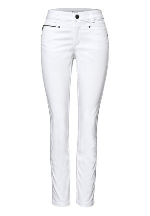 Pantalon blanc slim pour femmes avec bouton à l'avant, fermeture éclair et petite poche zippée sur le côté gauche des hanches.