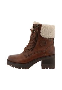 Stivale alla caviglia in pelle marrone con colletto foderato in pelliccia, allacciatura frontale, cerniera laterale e suola in gomma testurizzata. Tacco di 6,5 cm con marchiatura a caldo.