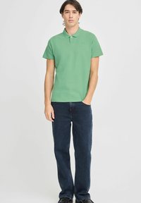 Zelená polo košile s krátkým rukávem a límečkem, nošená s tmavě modrými džíny. Jednoduchý design s logem na hrudi. Hladká textura.