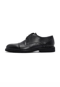 Chaussure habillée en cuir noir avec une finition lisse, bout arrondi et lacets. Comprend un talon bas et des détails de couture subtils.