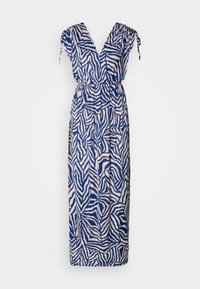 Robe maxi à rayures zèbre bleu marine et crème. Dotée d'un décolleté en V, de manches courtes avec liens et d'une taille élastique pour le confort.
