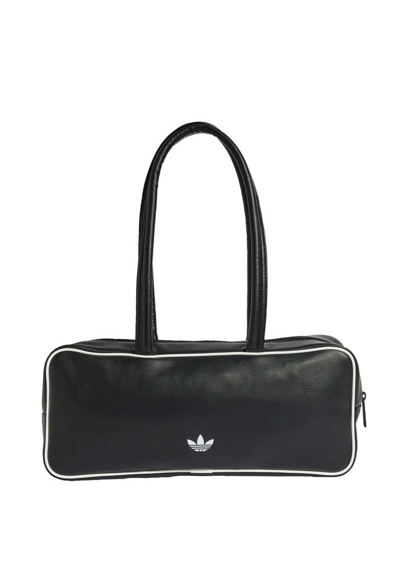 Czarna skórzana torba o prostokątnym kształcie, z dwoma uchwytami, białym obszyciem i małym białym logo z przodu.