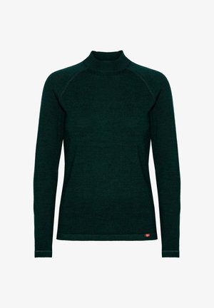 Maglione a maniche lunghe con collo alto di colore verde scuro, realizzato in tessuto knit testurizzato, con maniche raglan e un piccolo dettaglio a bandiera sull'orlo.