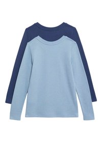 Zwei langärmelige Hemden: eines in einfarbigem Marineblau, das andere in Hellblau. Beide haben runde Ausschnitte und gerippte Texturen.