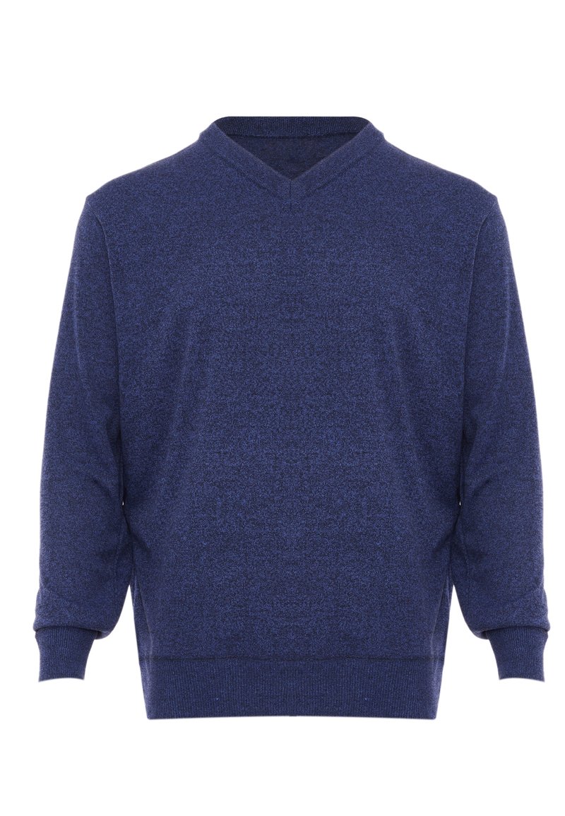 Pulover bleumarin cu gât în V, mâneci lungi, manșete și tiv din tricot cu nervuri. Fabricat dintr-un material tricotat texturat cu un model subtil.