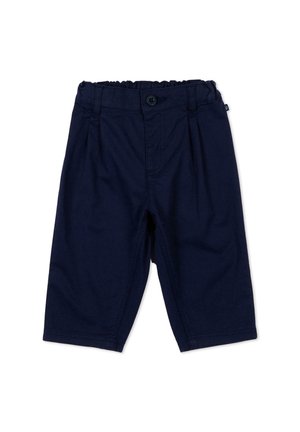 Pantalon bleu marine pour tout-petit avec taille élastique, fermeture par bouton et jambes droites sur fond blanc.