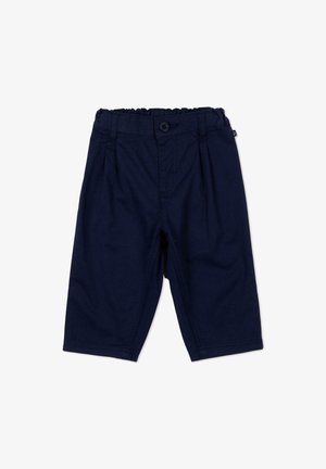 Pantaloni blu navy per bambino piccolo con vita elastica, chiusura con bottone e gambe dritte su sfondo bianco.