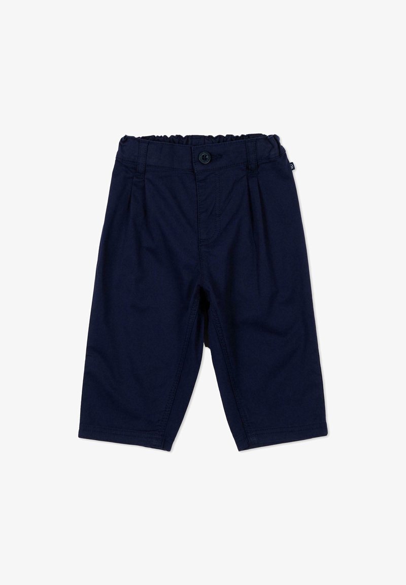 Pantalon bleu marine pour tout-petit avec taille élastique, fermeture par bouton et jambes droites sur fond blanc.