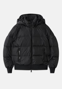 Veste doudoune noire avec une capuche, fermeture éclair à l'avant et deux poches latérales zippées. Comprend des poignets et un ourlet côtelés, texture lisse et brillante.