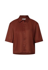 Short-sleeve button-up shirt in rust-colored fabric, featuring a pointed collar and a straight hem with a textured, slightly shiny finish.
