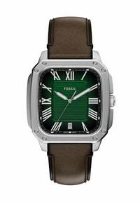 Orologio quadrato in acciaio inossidabile con quadrante testurizzato di colore verde scuro, numeri romani, lancette argentate e cinturino in pelle marrone con dettagli di cucitura.