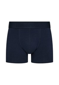 Mørkeblå boxershorts med en mørk elastisk talje, der har præget brandnavn. Glat stof med en tætsiddende design og syningsdetaljer.
