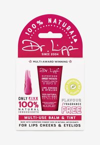 Multi-use balm and tint in a pink tube, featuring a sweet potato tint label, with a detachable hanging card display.