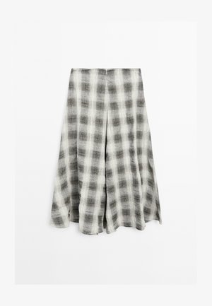 Grau-weißer kariertem Leinenrock mit lockerem Schnitt, pleated Saum und elastischem Bund für zusätzlichen Komfort.