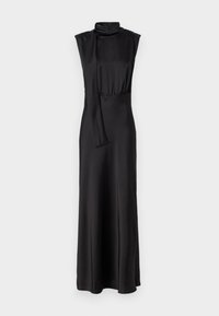 Black satin maxi dress with a high neck and sleeveless design, featuring a gathered waist and a flowing silhouette. Smooth texture.