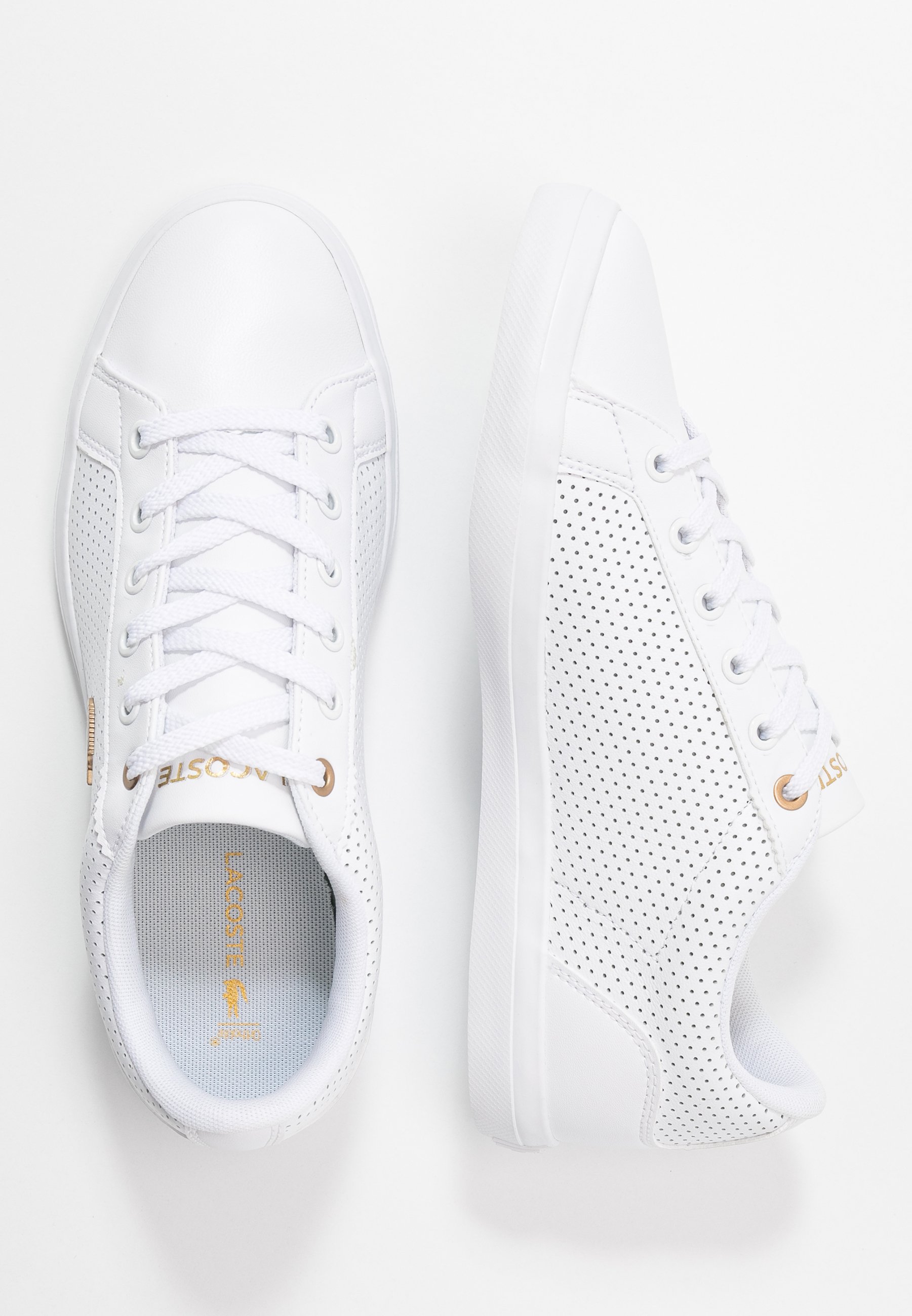 lacoste white and gold trainers