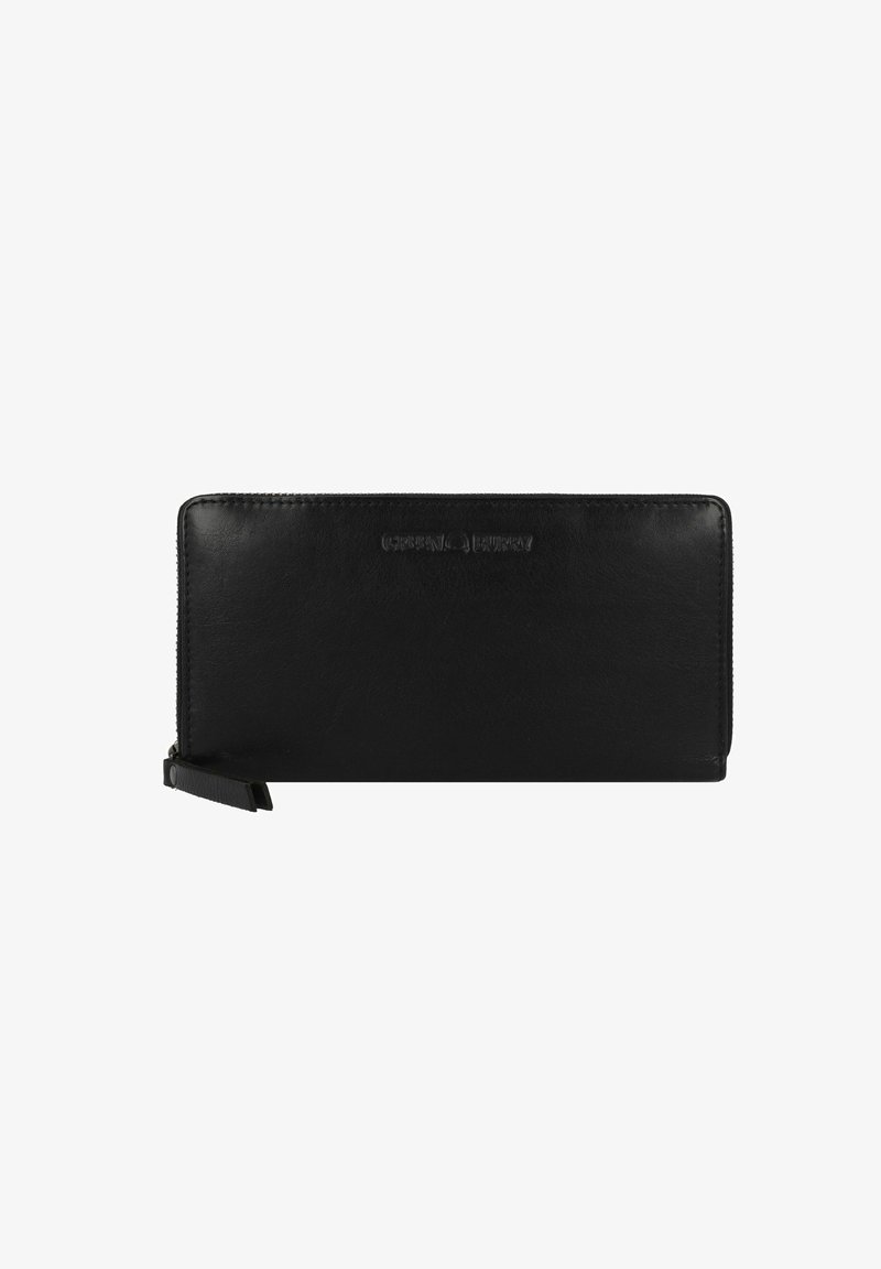 Portefeuille en cuir noir avec une texture lisse, forme rectangulaire, fermeture à zip et détail de logo en relief sur le devant.