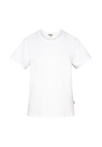 White cotton t-shirt, short sleeves, crew neck, simple design, smooth texture, featuring a small brand label near the hem.