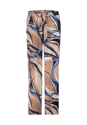 Patterned trousers featuring a mix of beige, brown, and navy colors with abstract leaf-like designs. Ties at the waist for adjustable fit.