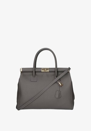 Grau Lederhandtasche mit doppelten Obergriffen, abnehmbarem Schultergurt, goldfarbener Hardware und strukturiertem Design. Auffälliges Schlossdetail.