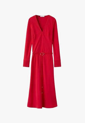 Red, long-sleeve wrap dress with a deep V-neck, cinched at the waist with a thin belt featuring a circular metallic buckle. Smooth fabric.