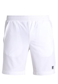 Witte sportshorts met een elastische tailleband, zijzakken, een gladde textuur en een klein zwart logo op de onderkant van het linkerbroekbeen.