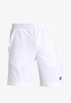 White athletic shorts with an elastic waistband, side pockets, smooth texture, and a small black logo on the lower left leg.