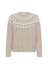 Pulover bej din material moale, cu un model geometric alb în jurul gulerului. Are mâneci lungi și o margine ribonată.