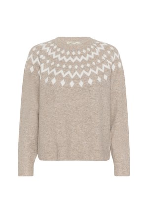 Beige sweater lavet af blødt materiale med et hvidt geometrisk mønster omkring udskæringen. Den har lange ærmer og en ribbet kant.