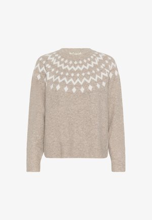 Pull beige en matériau doux avec un motif géométrique blanc autour de l'encolure. Il a des manches longues et un ourlet côtelé.