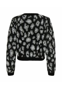 Pull en tricot flou noir et gris avec un motif léopard abstrait, à manches longues, et avec des poignets et un ourlet côtelés, vu de dos.