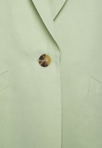 Blazer verde chiaro con una texture liscia, dotato di due tasche frontali e un bottone rotondo marrone a contrasto.